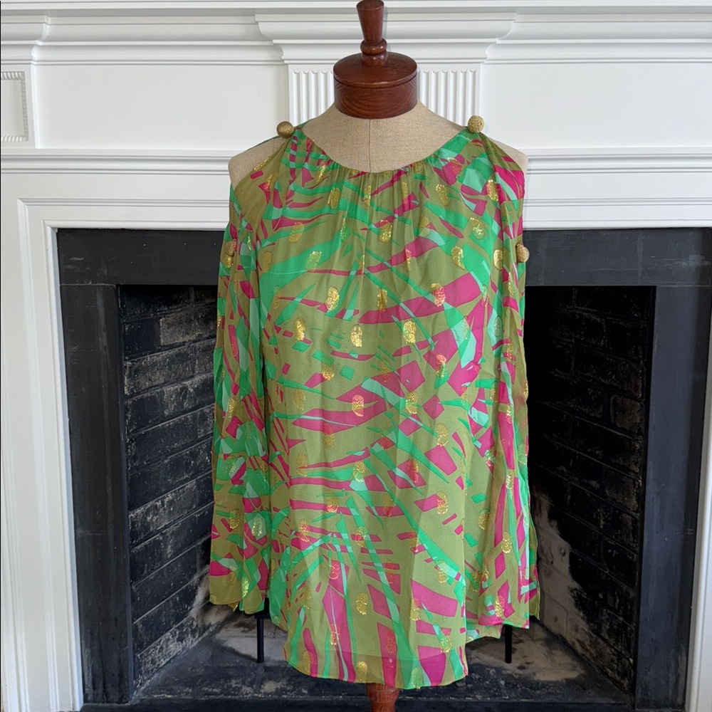 Milly New York Blouse Resort Silk Tropical Green Pink Gold Womens Size 6